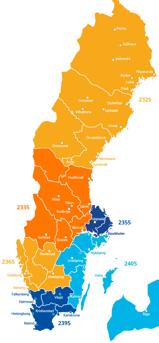 Map of Rotary Sweden with district boundaries